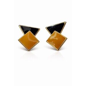 Vintage Geometric Enamel Earrings Gold Tone Black Tan Abstract 80s Statement
